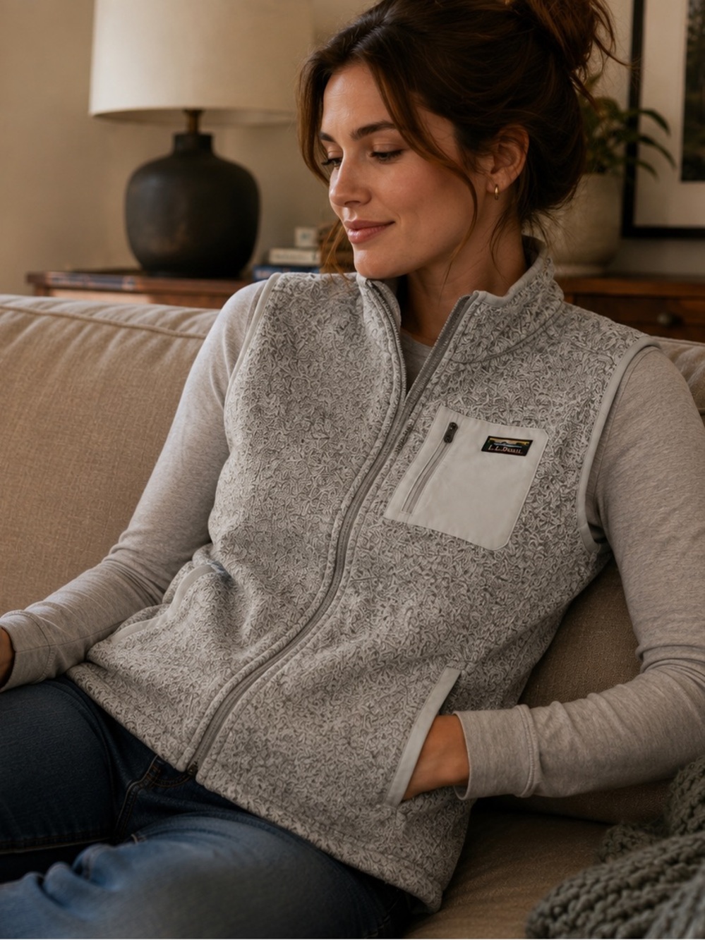 L.L.Bean Light Gray Marled Softshell-Trim Vest
